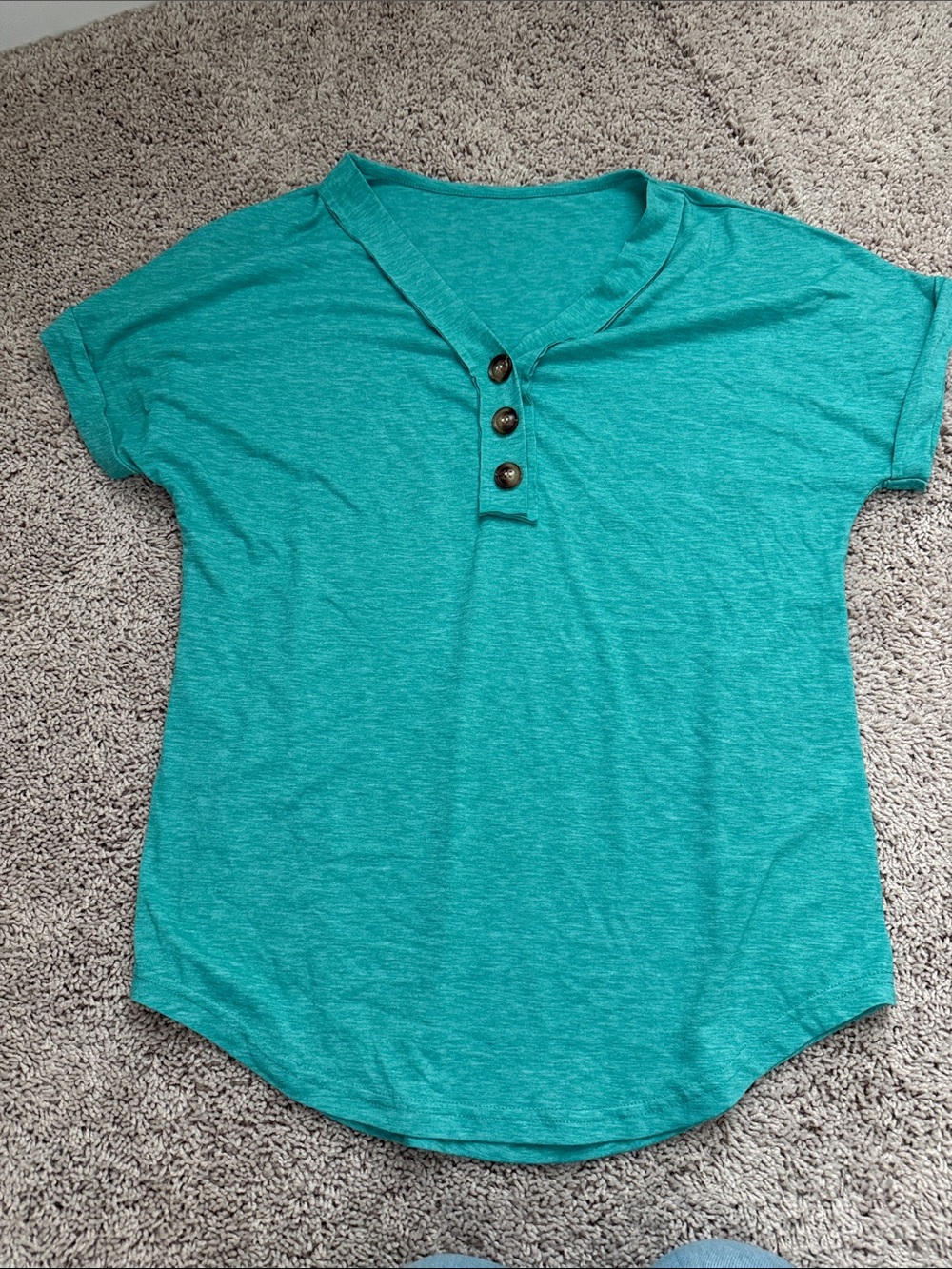 Teal Short-Sleeve Henley Top with Button Placket